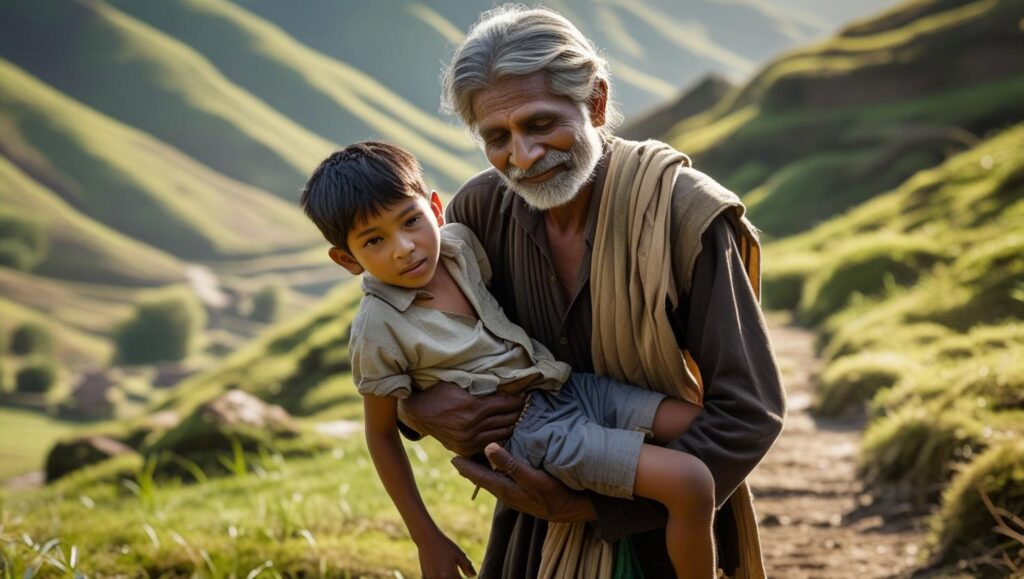 राहुल अपने दादाजी को गले लगाते हुए, आदर और पछतावे की भावना के साथ। आदर: एक छोटी सीख, बड़ा बदलाव