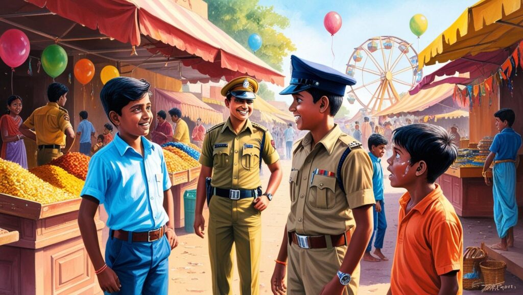 Two young Indian boys at a colorful village fair—one calmly speaking to a friendly police officer, while the other looks scared and teary-eyed after getting lost. Bright stalls, balloons, and a Ferris wheel decorate the festive background, capturing the emotions of friendship, learning, and safety.