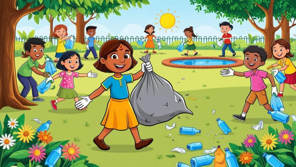 स्वच्छता की शक्ति दर्शाते हुए एक बच्ची प्रिया और अन्य बच्चे मिलकर पार्क की सफाई करते हुए